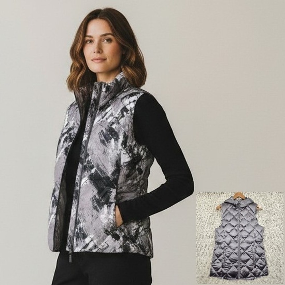 Gerry Womens Small Reversible Hooded Down Packable Vest Zing Grey Camo Quilted